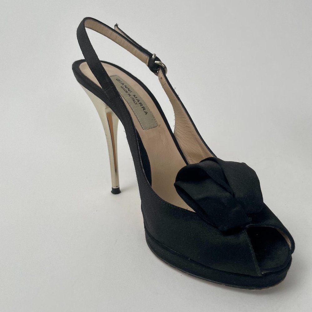 Gianni Marra Black Satin Slingback Peeptoe Stiletto Shoes Heels, Size 7 (EU 37)